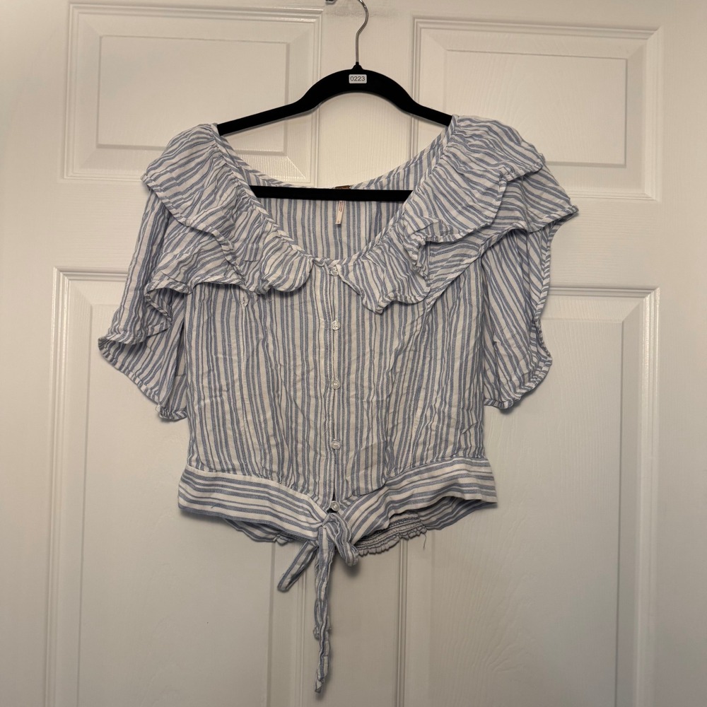 Free People Striped Ruffle Blouse Blue Large Boho Coastal Summer Crop Top